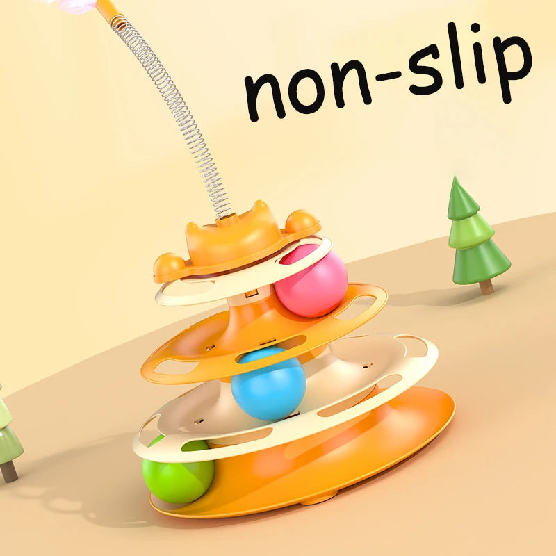 Interactive Cat Toy Tower Kitten Turntable Track Roller Balls Toys with Feather Pets Training Supplies Toy for Cat Tower