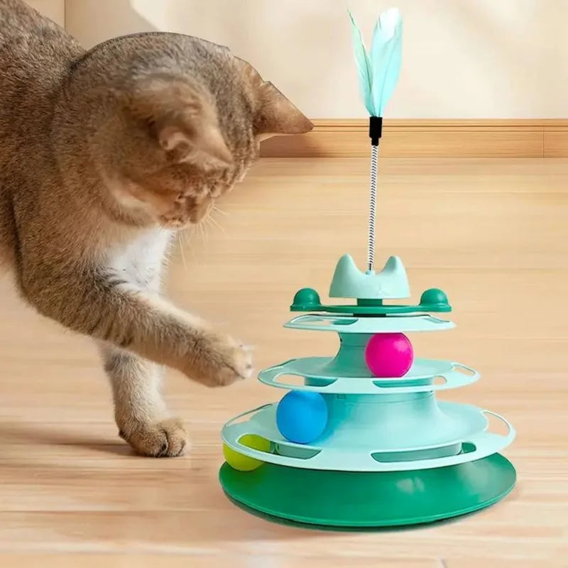 Interactive Cat Toy Tower Kitten Turntable Track Roller Balls Toys with Feather Pets Training Supplies Toy for Cat Tower