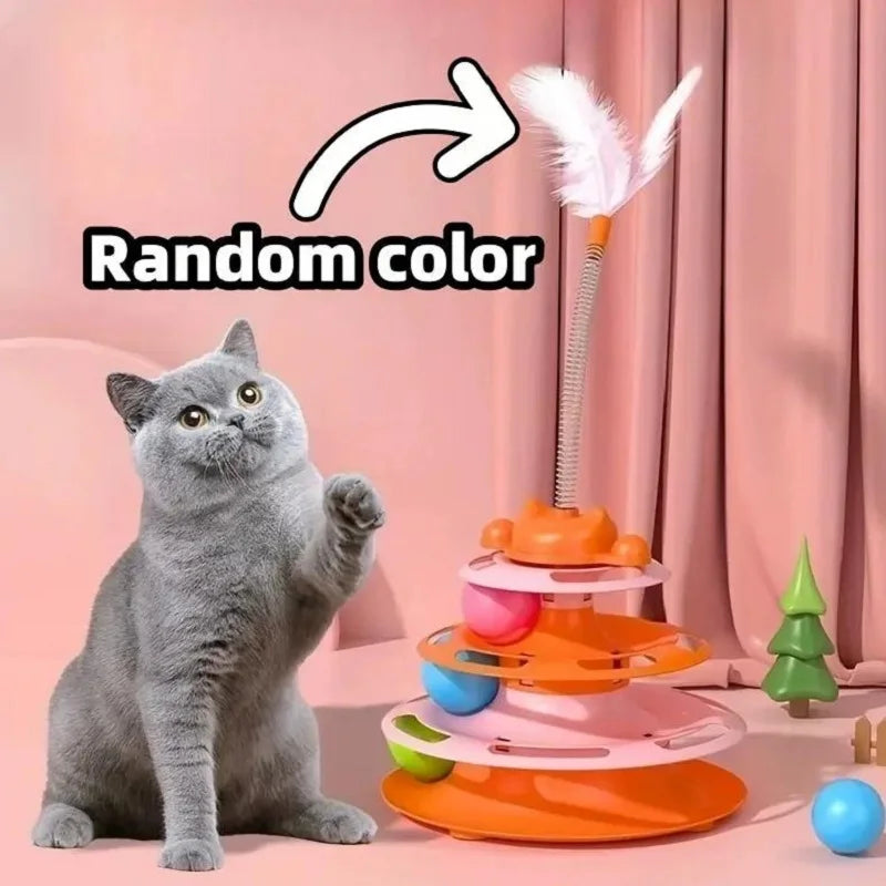 Interactive Cat Toy Tower Kitten Turntable Track Roller Balls Toys with Feather Pets Training Supplies Toy for Cat Tower