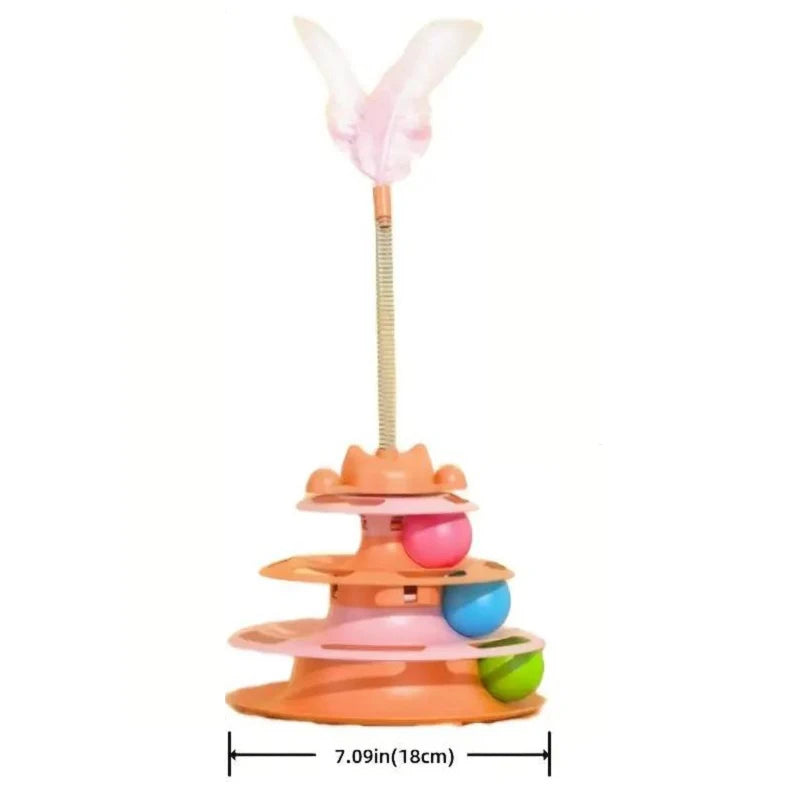 Interactive Cat Toy Tower Kitten Turntable Track Roller Balls Toys with Feather Pets Training Supplies Toy for Cat Tower