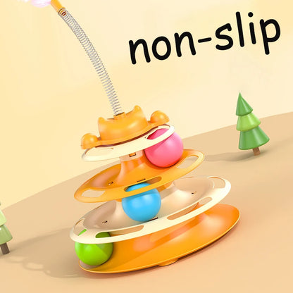 Interactive Cat Toy Tower Kitten Turntable Track Roller Balls Toys with Feather Pets Training Supplies Toy for Cat Tower